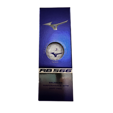 A blue Mizuno 2024 RB 566 Golf Balls | White box with a transparent window displays a white ball. The text says: BALANCED PERFORMANCE WITH SOFT FEEL for players wanting longer flight and unmatched comfort. Brand: Mizuno.