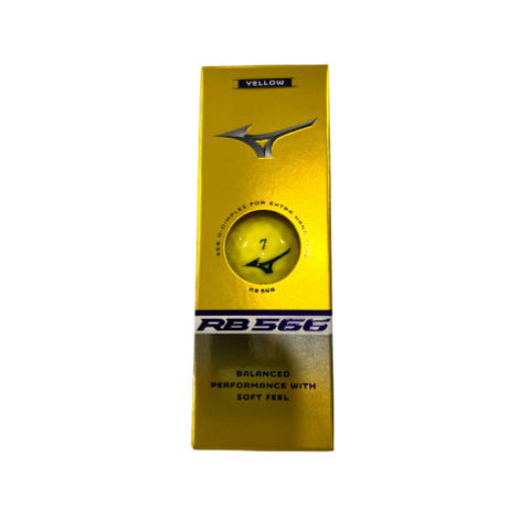 A yellow box of Mizuno 2024 RB 566 Golf Balls | Yellow, with a visible yellow ball in the center, Mizuno branding above, and text reading "BALANCED PERFORMANCE WITH SOFT FEEL" for a softer feel and higher flight.