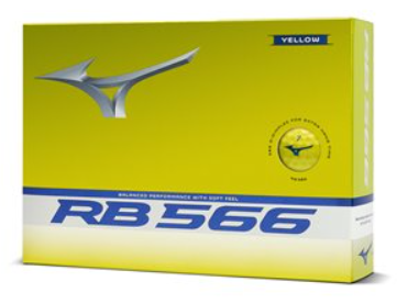 A yellow box labeled Mizuno 2024 RB 566 Golf Balls | Yellow features the silver Mizuno logo and a small yellow golf ball image, highlighting these softer-feel golf balls from Mizuno. The word YELLOW appears at the top right.