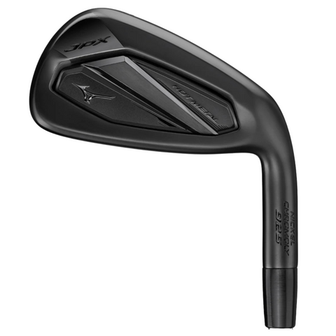 The Mizuno 2025 JPX 925 Hot Metal Black Irons Set (5–PW + GW) features a sleek, modern blacked-out design with engraved branding on the clubhead and hosel, shown against a white background.