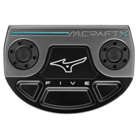 Close-up of the Mizuno 2025 M-Craft X 05 Putter in black and silver with blue accents, bold Mizuno branding, circular weights for high MOI, and a stylized logo at the center.