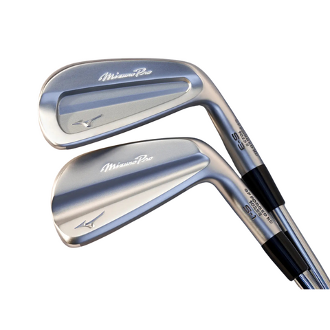 Two Mizuno 2025 Pro S-1 Irons from the 4–PW set, featuring silver forged heads and black grips, are positioned diagonally on a white background with engraved branding and model details visible on each club.