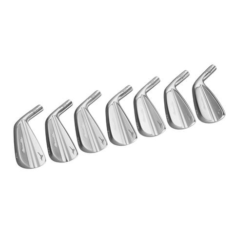Seven Mizuno 2025 Pro S-1 Irons (4–PW) are lined up with club heads left, showcasing Mizuno’s sleek grain flow forged design and engraved branding, all set against a white background.