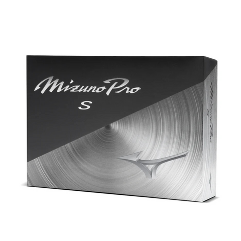 A black and silver box labeled Mizuno 2025 Pro S Golf Balls features a metallic swirl pattern and stylized Mizuno logo, highlighting its soft urethane cover for tour-level spin.