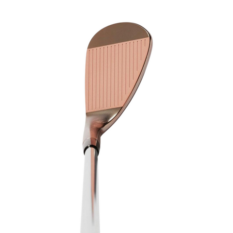 A close-up of the Mizuno 2025 Pro T-1 Denim Copper Wedge reveals its face with horizontal grooves and sleek metallic finish for superior spin control, set against a white background.