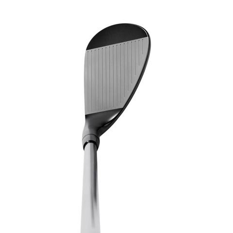 Close-up of the Mizuno 2025 Pro T-3 Black ION Wedges head, showing sharp grooves and a sleek black ION finish, photographed from the shaft upward against a plain white background.
