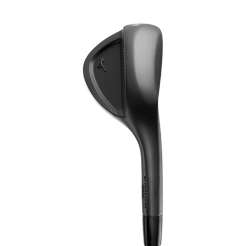 A close-up of the Mizuno 2025 Pro T-3 Black ION Wedge club head displays its sleek black finish, curved design, and distinctive bird logo—showcasing the refined elegance typical of Mizuno’s premium wedges.