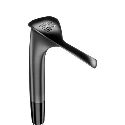 A Mizuno 2025 Pro T-3 Black ION Wedge, crafted in sleek black metal with a unique flat, extended face. The head displays engraved stylized symbol and text. Photographed against a white background. Brand: Mizuno.