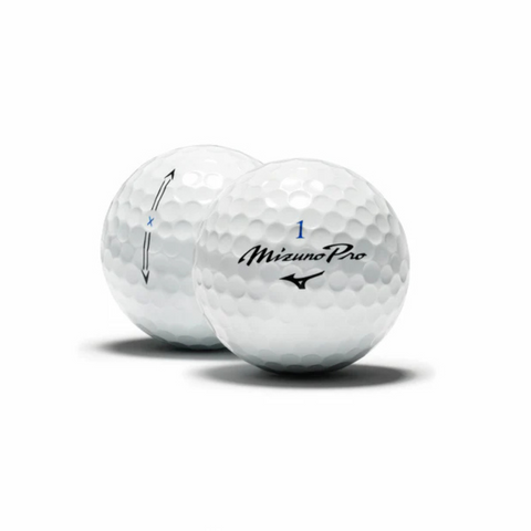 Two white Mizuno 2025 Pro X Golf Balls are shown, featuring the Mizuno logo, number 1, arrow, and letter X—highlighting tour-level control and a high-compression core against a white background.