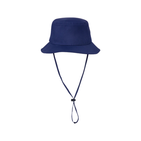 The Mizuno Bucket Sun Hat | L/XL | Navy by Mizuno is a plain navy wide brim hat with an adjustable chin strap, providing lightweight sun protection. Shown on a white background.