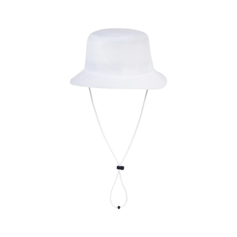 The Mizuno Bucket Sun Hat | L/XL | White is a lightweight, breathable hat with an adjustable chin strap and toggle, designed by Mizuno for sun protection against a plain white background.