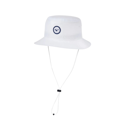 The Mizuno Bucket Sun Hat in White (L/XL) offers lightweight, breathable comfort with a circular bird logo, crown ventilation holes, and an adjustable chin strap for secure sun protection.