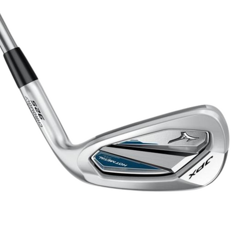 The Mizuno JPX 925 Hot Metal HL Womens Irons Set, in silver with blue and black accents, features a club head and shaft on a white background—engineered by Mizuno for high-launch forgiveness in womens golf irons.