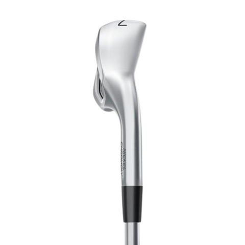 A close-up of a Mizuno JPX 925 Hot Metal HL Women’s Iron Set wedge showcases its sleek, matte silver clubhead against a white background, highlighting the high-launch forgiveness design by Mizuno.