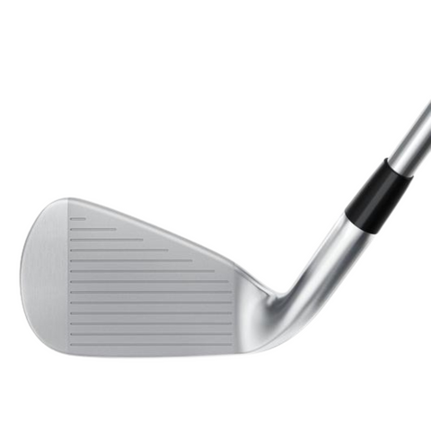 Close-up of a Mizuno JPX 925 Hot Metal HL Womens Irons Set club head, showing the grooved face and part of the shaft, designed for high-launch forgiveness, by Mizuno, isolated on a white background.