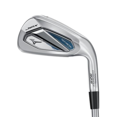 The Mizuno JPX 925 Hot Metal HL Womens Irons Set features a silver design with blue and black accents, JPX and HOT METAL branding, and is engineered for high-launch forgiveness ideal for women golfers.