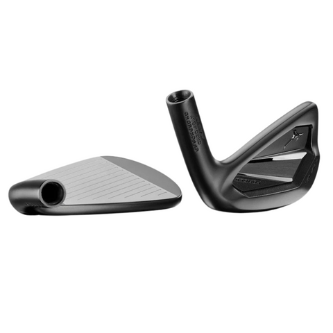 A close-up of the Mizuno JPX925 Forged Black Irons Set 2025 highlights its sleek Black Ion finish and precise Grain Flow Forged craftsmanship.