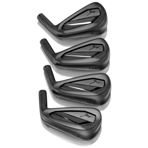 Four Mizuno JPX925 Forged Black Irons Set 2025 clubs by Mizuno, featuring a sleek Black Ion finish, are arranged in a staggered, overlapping pattern on a white background to showcase the club heads and loft numbers.