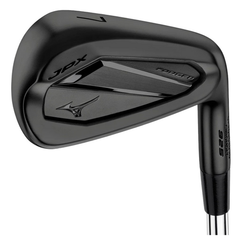 The Mizuno JPX925 Forged Black Irons Set 2025 features a sleek clubhead, striking Black Ion finish, metallic accents, and signature Mizuno branding—crafted with Grain Flow Forging for premium performance against a white background.