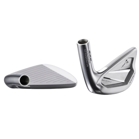 Two silver Mizuno JPX925 Forged Irons Set 2025 club heads by Mizuno are shown, one with a grooved striking face and the other revealing the back cavity design. Both display hollow hosels for shaft attachment.