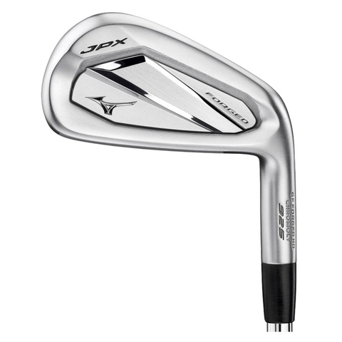 A close-up of a Mizuno JPX925 Forged Irons Set 2025 golf club showcases its sleek, polished silver design with the Mizuno logo and FORGED clearly displayed on the club head.
