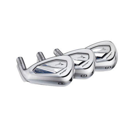 Three polished Mizuno JPX925 Hot Metal HL Irons, labeled P, G, and S, are arranged in a row. Each displays the Mizuno logo and delivers high-launch performance with a forgiving design.