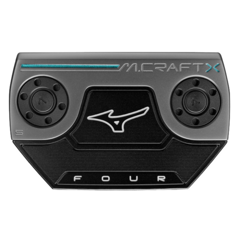 The Mizuno M-Craft X 04 Putter 2025 features a black and silver head, two circular weights, a central Mizuno logo, FOUR at the bottom, turquoise accent line, and “M.CRAFT” text highlighting its precision-milled high-MOI mallet design.