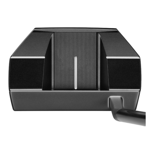 Top-down view of the Mizuno M-Craft X 04 Putter 2025 shows a textured finish, black sides, central alignment line, and offset shaft at the lower right; a precision-milled, high-MOI mallet putter from Mizuno.