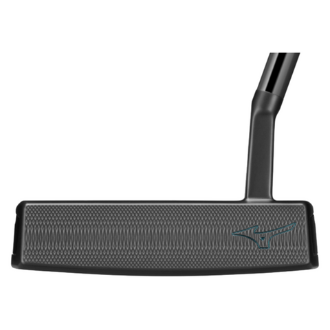 Close-up of the Mizuno M-Craft X 04 Putter 2025 head, showing a textured face and a small Mizuno logo in the lower right. This precision-milled putter has a shaft connected at the top right.