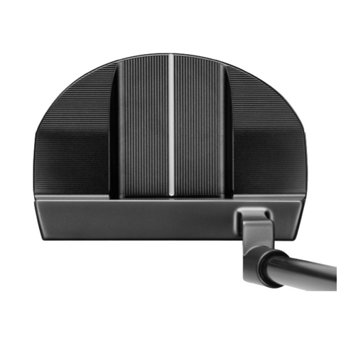 A top-down view of the Mizuno M-Craft X 05 Putter 2025 by Mizuno, showcasing its black forged carbon steel, rounded textured head, high MOI design, central alignment line, and right-side shaft connection.
