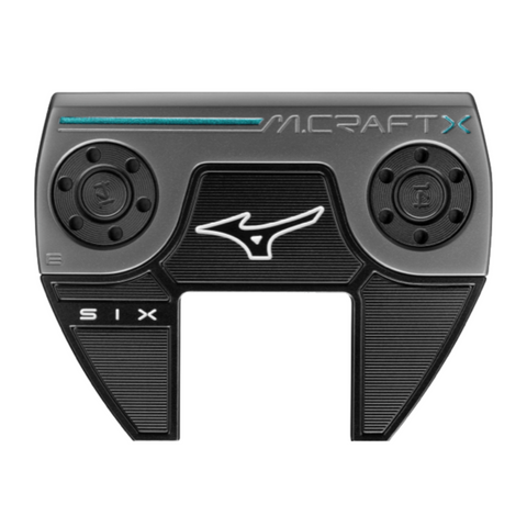 The Mizuno M-Craft X 06 Putter 2025 features a precision-milled black head with teal accents, the white Mizuno logo at the center, and 06 inscribed on the lower left.