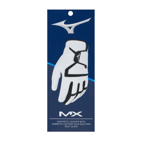 The Mizuno MX Men’s Cadet Glove in white is shown on a blue package with the Mizuno logo, featuring synthetic leather and cabretta leather palm sections for ultimate comfort and cadet sizing.