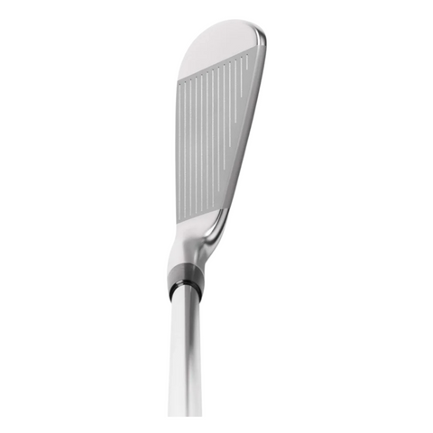A close-up of the Mizuno Pro S-3 Irons Set 2025 head by Mizuno highlights its Grain Flow Forged grooves and smooth metallic finish, with a plain white background emphasizing its tour-level control.
