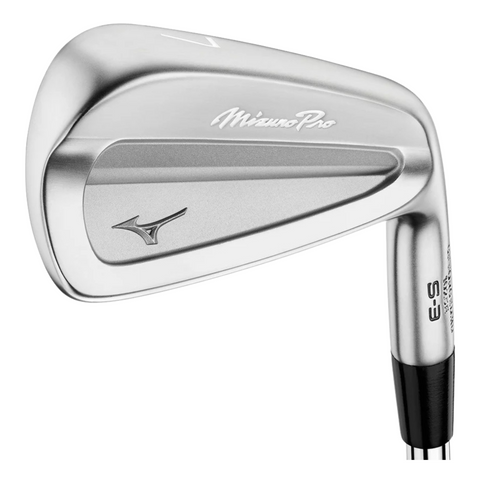 A close-up of the Mizuno Pro S-3 Irons Set 2025 features a sleek silver finish and Mizuno logo, showcasing its Grain Flow Forged construction for precise, tour-level control.