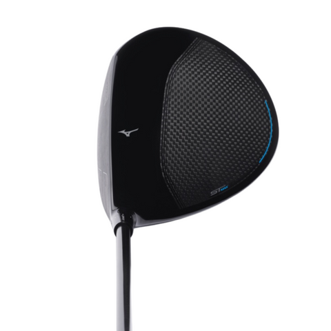 The Mizuno ST-MAX 230 Driver golf club features a carbon fiber pattern and blue accents on its black head, highlighted by CORTECH Chamber technology, displayed from above on a white background.