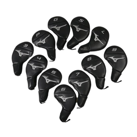 The Mizuno Tour Iron Headcover Set by Mizuno includes 10 black covers labeled 3, 4, 5, 6, 7, 8, 9, P, S, and G for golf clubs. Arranged semi-circularly on a white background to showcase their protective design.