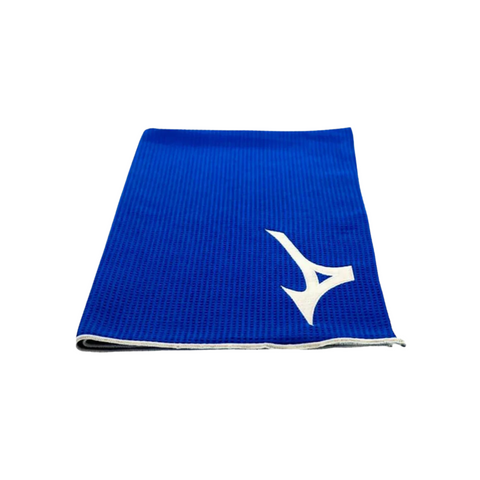 The Mizuno Tour Towel, a super-absorbent blue golf towel by Mizuno with a white logo in one corner, is shown folded on a white background.