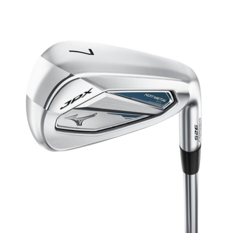 A silver Mizuno Women's JPX 925 Hot Metal HL 7-iron features a modern design, metallic blue accents, and JPX/HOT METAL markings on the head, tailored specifically for women's golf.