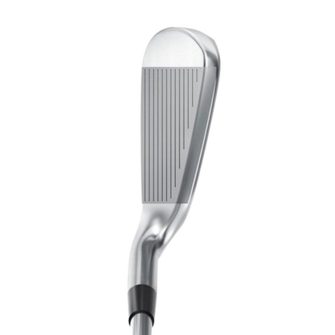 A close-up of a Mizuno Women's JPX 925 Hot Metal HL Irons Set shows the club's face with horizontal grooves and an angled shaft, set against a white background—ideal for golfers seeking high-launch women's irons from Mizuno.