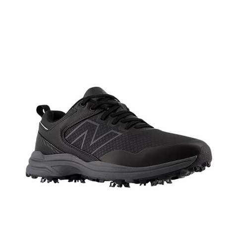 The New Balance Brighton V2 Mens Golf Shoes in Black/Grey feature a textured grip sole, lace-up closure, and subtle N logo—perfect for those seeking stylish men’s golf shoes from New Balance.