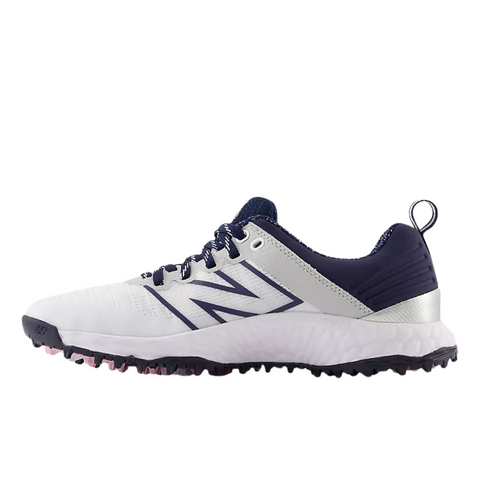 The New Balance Fresh Foam Contend V2 Womens Golf Shoes in White/Navy offer lightweight cushioning, a textured spikeless sole for traction, and the iconic N logo—ideal for women golfers seeking comfort and style.