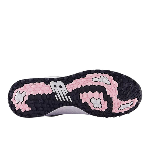 The New Balance Fresh Foam Contend V2 Womens Golf Shoes in White/Navy feature a hexagonal tread pattern with spikeless traction for stability, a wavy pink accent, and lightweight cushioning for lasting comfort.
