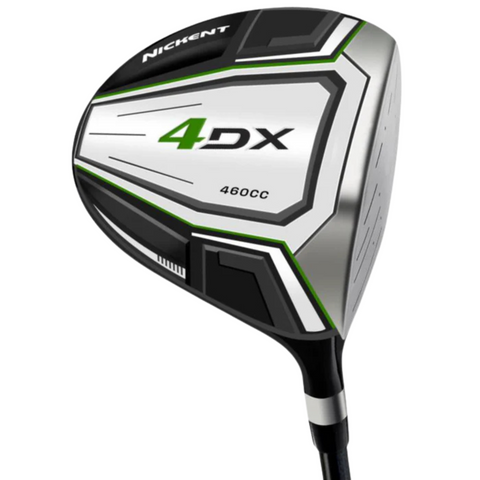 The Nickent 4DX 2025 Womens Package Set features a silver and black driver with green accents and modern geometric design, offering a stylish choice for womens golf.