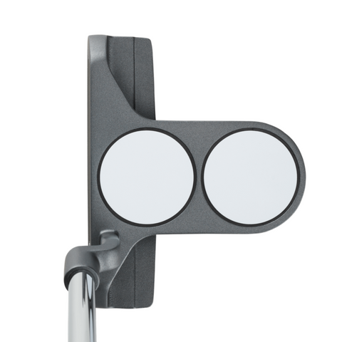 A top-down view of the Odyssey 2025 DFX 2-Ball Blade CH Putter by Odyssey shows its metallic finish, signature 2-ball alignment system on the head, and angled steel shaft.