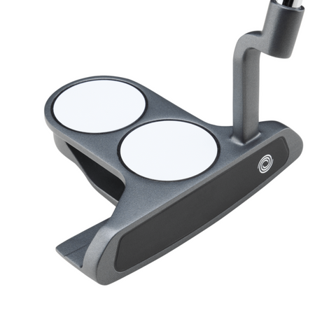The Odyssey 2025 DFX 2-Ball Blade CH Putter by Odyssey features a metallic gray finish, two-ball alignment on top, a soft DFX insert on the black face, and an angular design with a partially visible shaft.