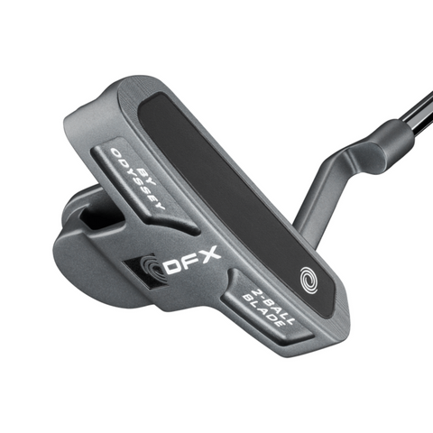 A close-up of the Odyssey 2025 DFX 2-Ball Blade CH Putter by Odyssey, featuring its metallic head, soft DFX insert, signature 2-ball alignment system, and distinct branding details.