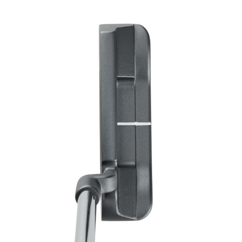 A close-up of the Odyssey 2025 DFX One CH Putter by Odyssey highlights its black blade head, metallic shaft, precision alignment lines, and a soft DFX insert designed for improved feel.