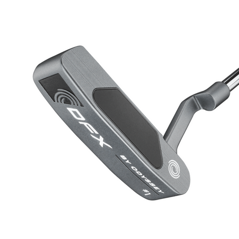 A close-up of the Odyssey 2025 DFX One CH Putter by Odyssey, showcasing its sleek gray head, white branding, and a soft DFX face insert.