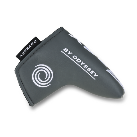 A gray headcover for the Odyssey 2025 DFX One CH Putter by Odyssey, featuring white branding and a spiral logo, made for blade putters with a soft DFX insert, displayed on a white background.