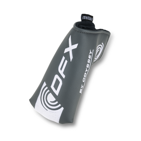 A black and white Odyssey headcover with bold white lettering and circular designs, shown on a white background. Ideal for protecting your Odyssey 2025 DFX One CH Putter.